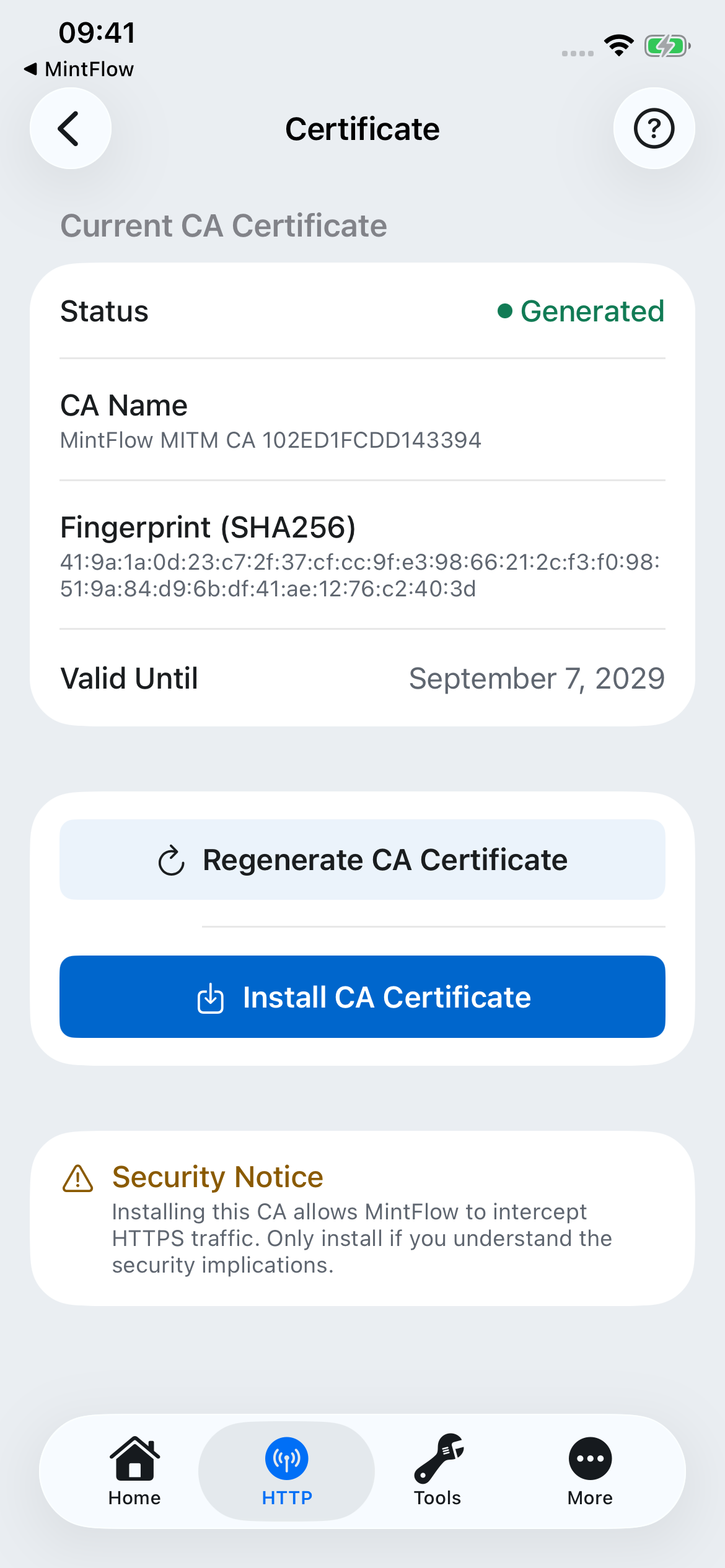Generated demo CA showing fingerprint, expiry, and Install CA Certificate button; this is not yet an installed or trusted certificate