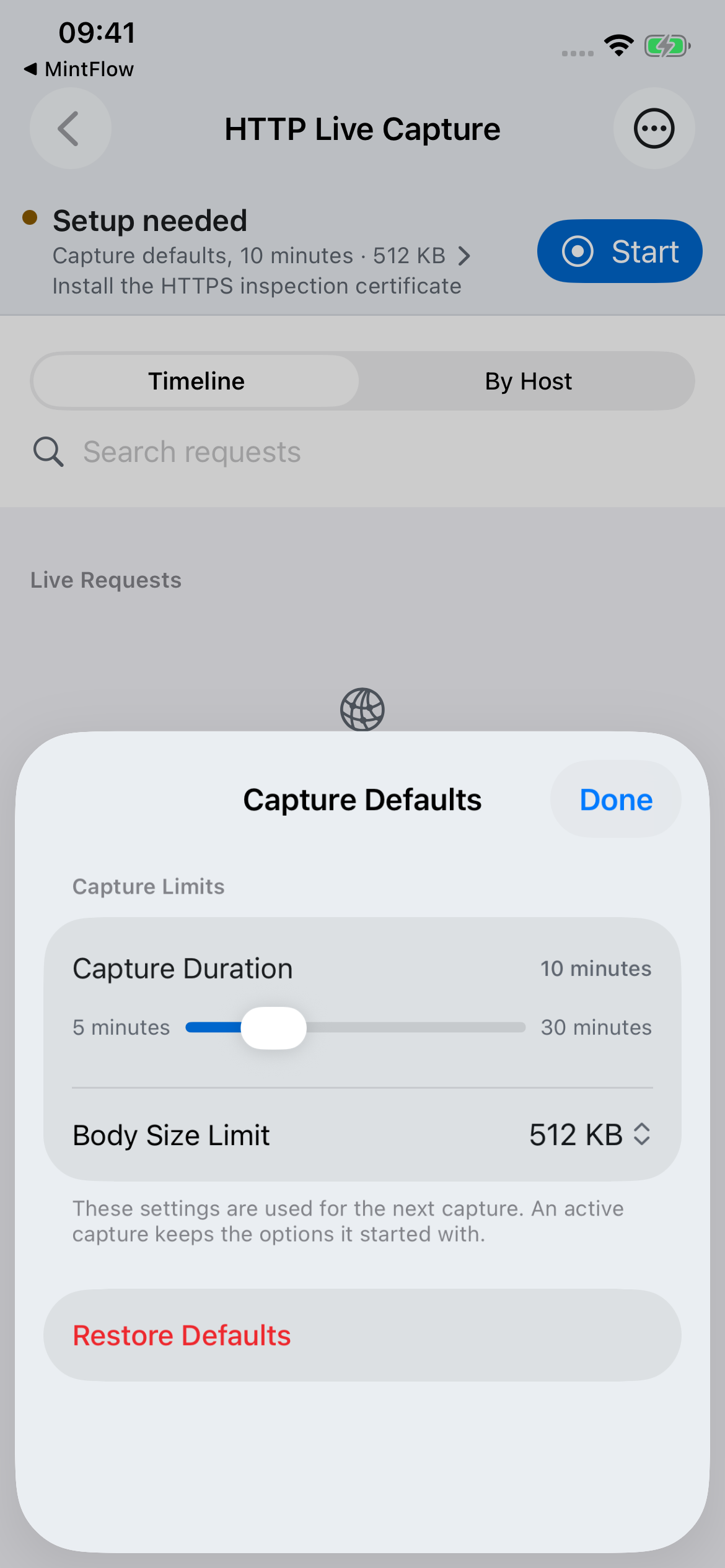 Capture Defaults with a ten-minute duration and 512 KB body size limit