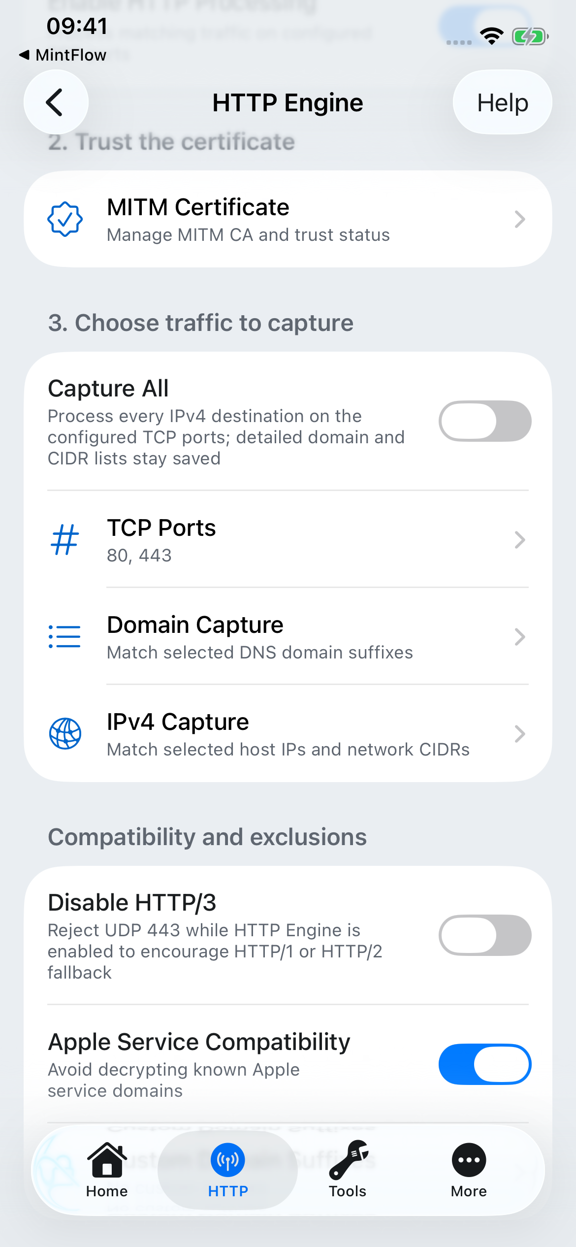 Capture scope and compatibility settings with HTTP/3 control, Apple Service Compatibility, and custom exclusion domains