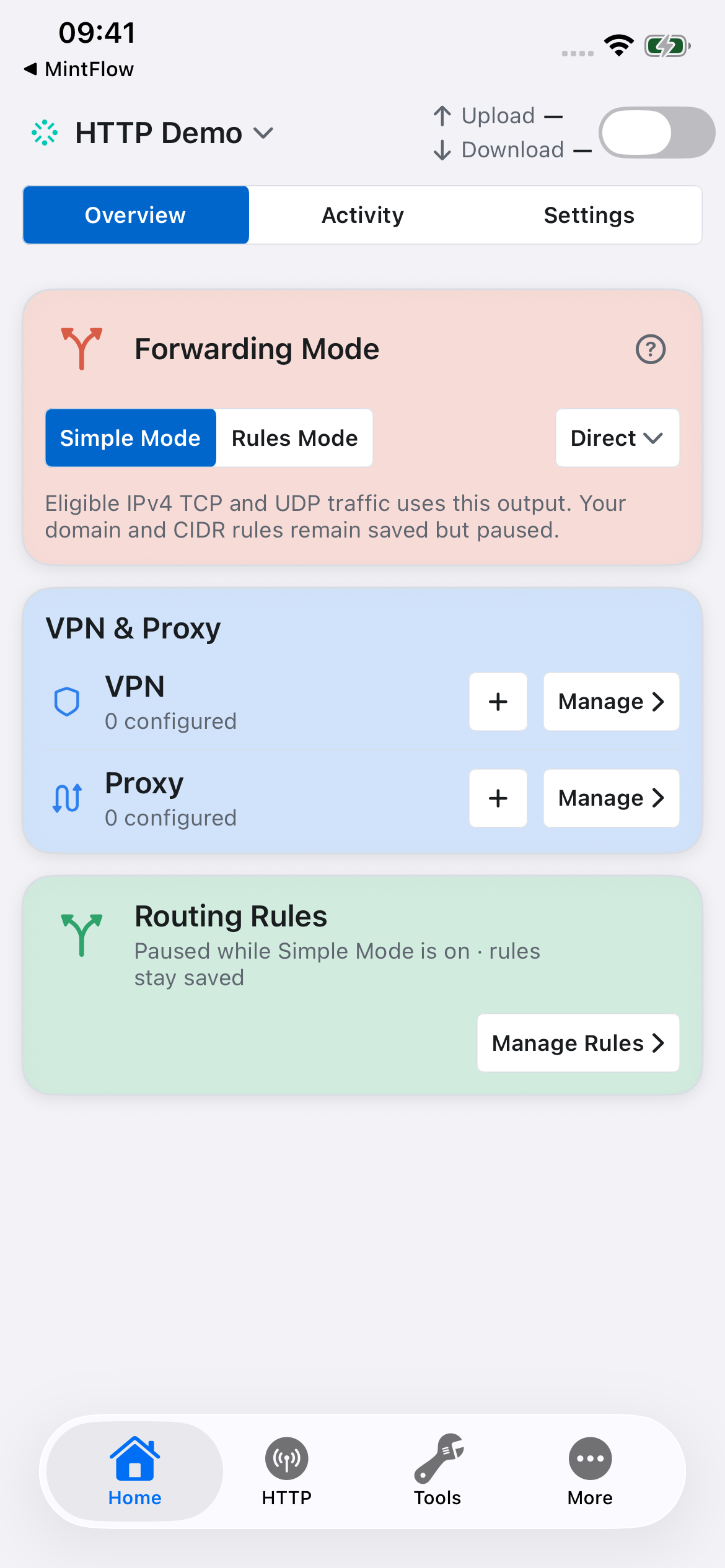 MintFlow 2.0.0 Home with an HTTP Demo profile and Simple Mode set to Direct