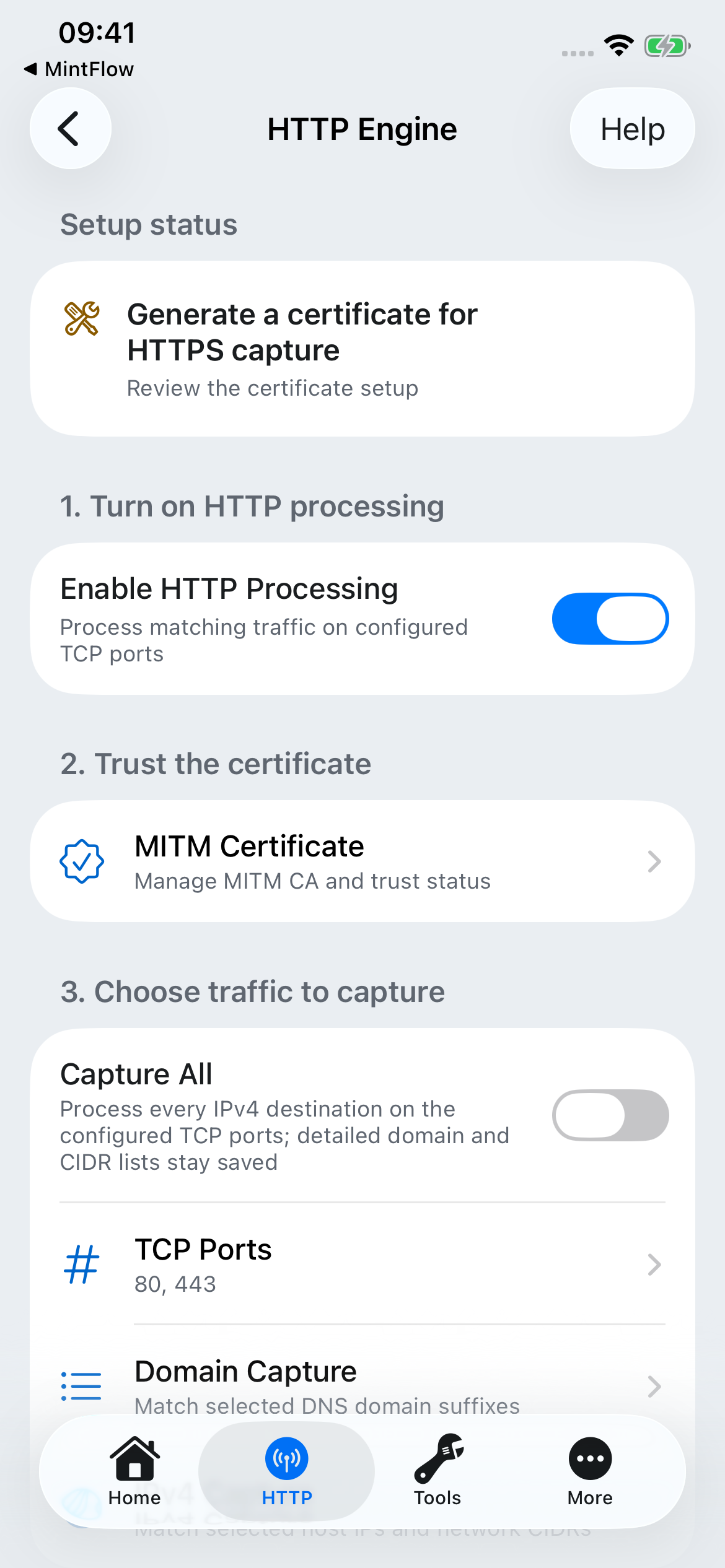HTTP Engine setup with processing enabled, MITM Certificate, and capture scope controls