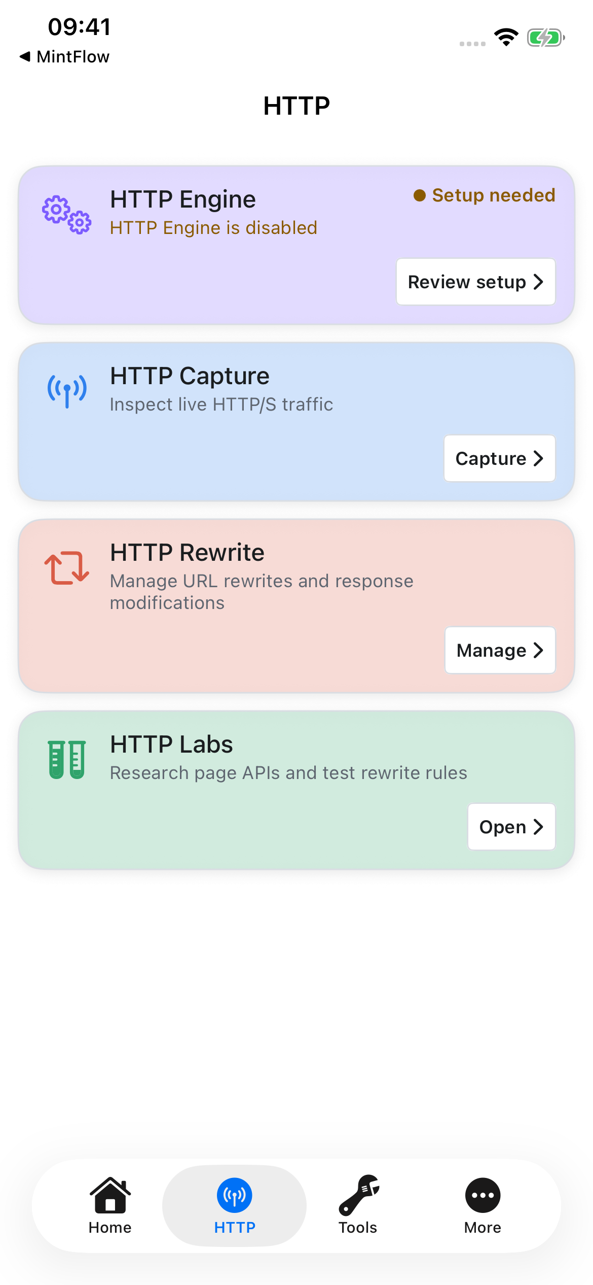 HTTP workspace with HTTP Engine, HTTP Capture, HTTP Rewrite, and HTTP Labs cards