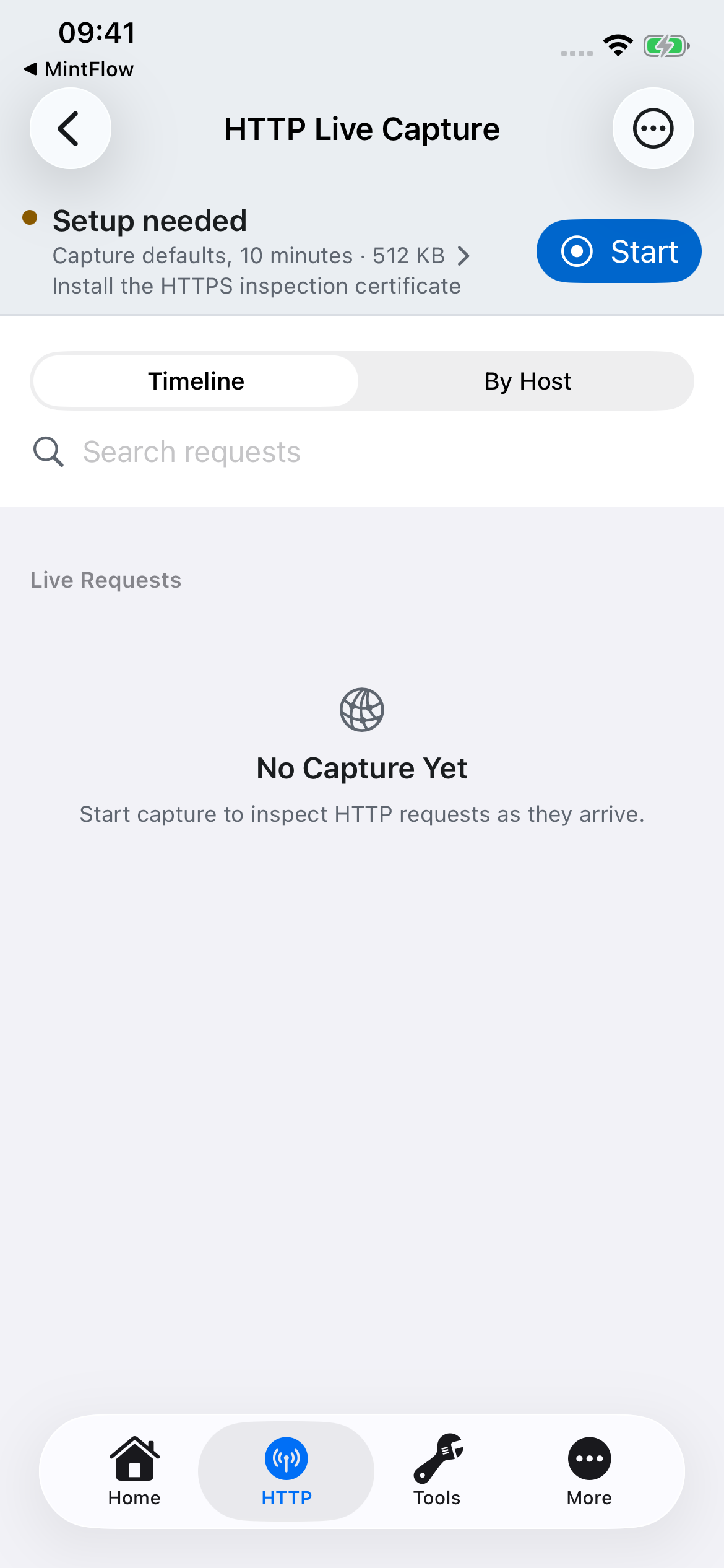 HTTP Live Capture showing Start, search, and an empty request list in the simulator; no live capture is claimed